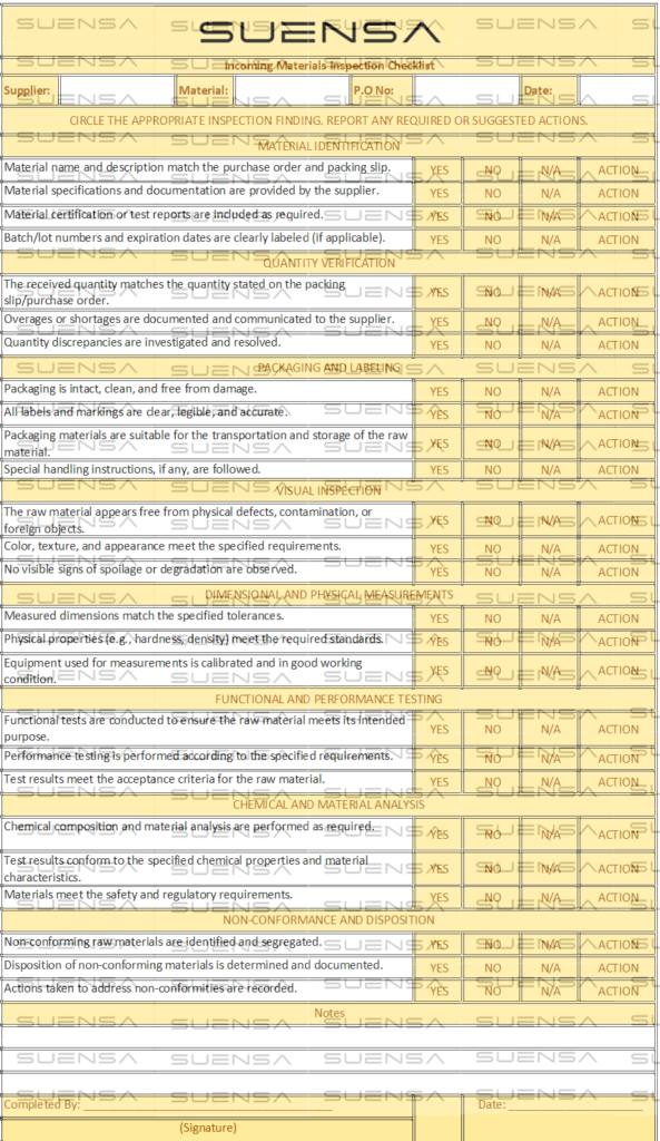 Incoming Materials Inspection Checklist