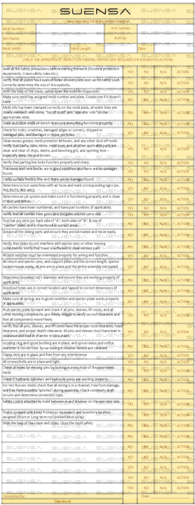 New Incoming Mold Inspection Checklist